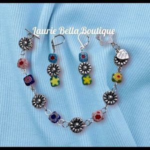 Millefiori Beads And Silver Flowers Set